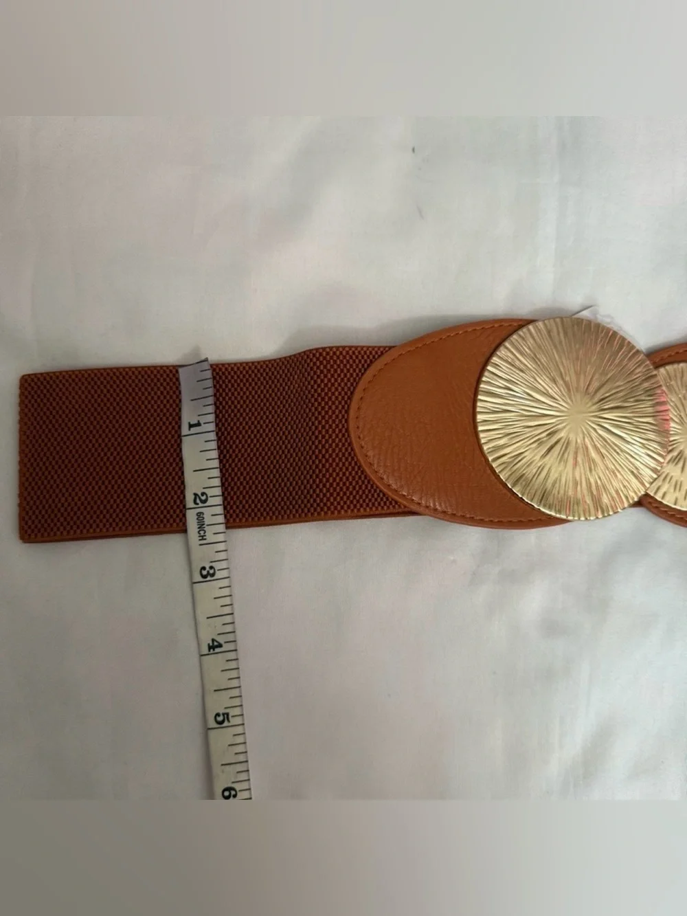 Camel PU leather elastic waistband belt with gold tone buckle